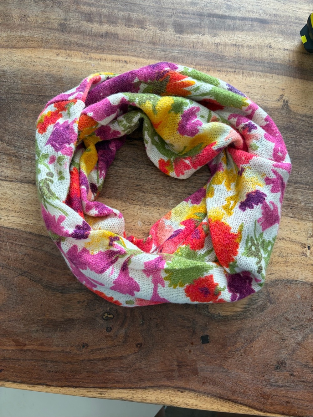 Anthropologie - Floral Knit Infinity Scarf in White with Pink, Yellow, Green